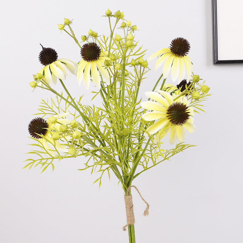 Künstlicher Sonnenhut Blumenstrauß, 4 Stiele mit 6 Blüten, Seidenstoff-Optik, für Hochzeit, Hotel, Schaufenster und Zuhause