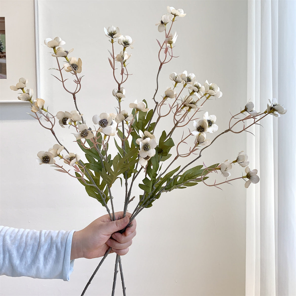 Künstliche Pflaumenblüten, 58 cm hoch, 15 Blüten pro Busch, aus Seidenstoff, retro Stil, für Innenräume