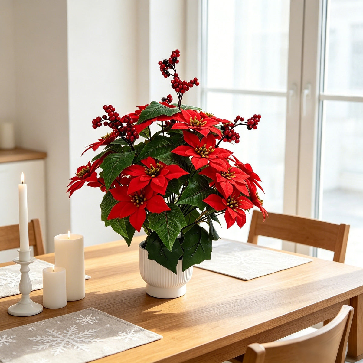 53 cm künstlicher Weihnachtsstern (Poinsettie) aus Samtstoff, Buschform, für festliche Dekoration, Hotel, Büro und Zuhause