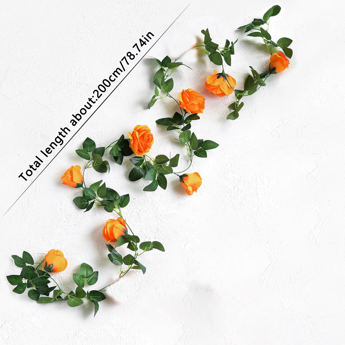 Rosengirlande Orange, 2 Stück, Kunstblumen-Ranke aus Stoff, 200 cm lang, mit Lichterkette, Halloween & Herbstdeko