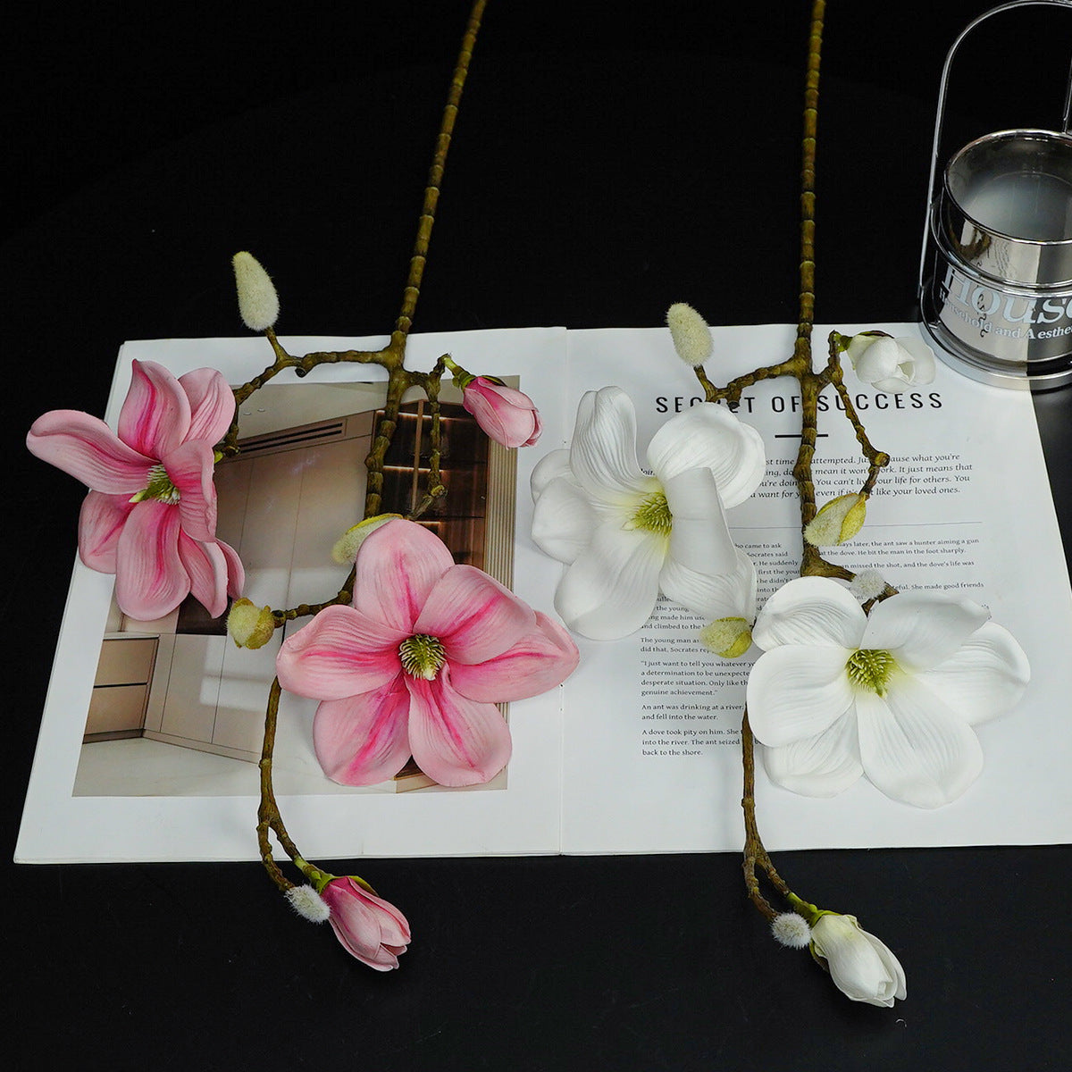 Künstliche Magnolien-Zweig mit 4 Blüten, 69 cm Höhe, einzeln, für Hochzeiten und Innendekoration