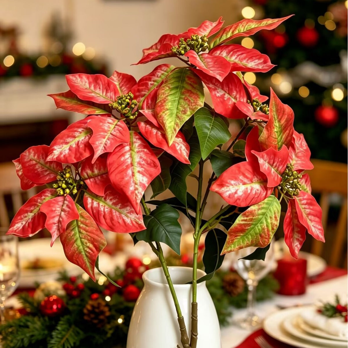 Künstliche Poinsettia-Blütenbusch mit 12 Blüten, 45 cm, für Hochzeiten, Wohn- und Geschäftsräume