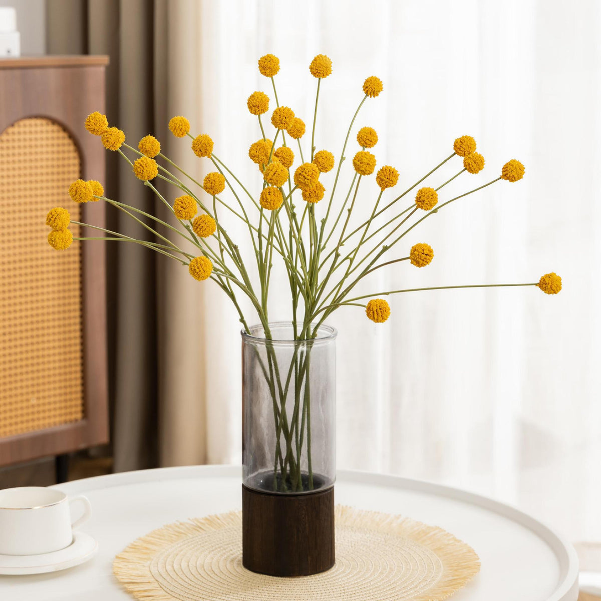 Kunstblume Craspedia (Goldkugel), Busch mit 4 Blütenköpfen, Kunststoff, für Hochzeit, Hotel und Wohnraum-Deko