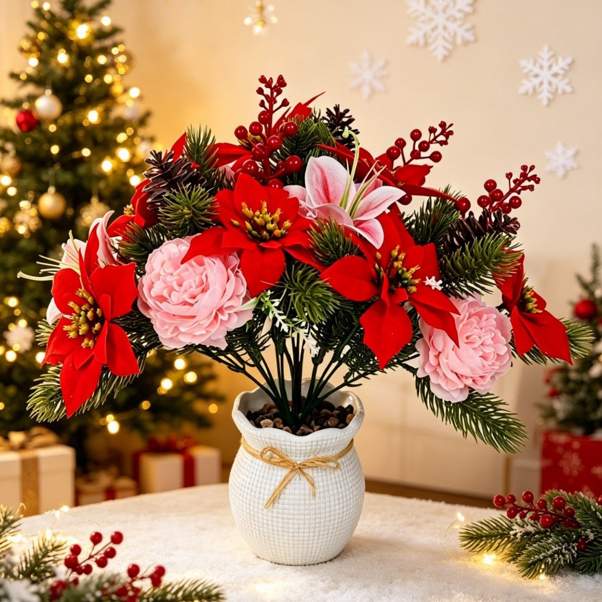 Künstliche Weihnachtssterne, Busch mit 30 cm Höhe, aus PVC und Seidenstoff, für Hochzeiten, Innenräume und Gewerbe