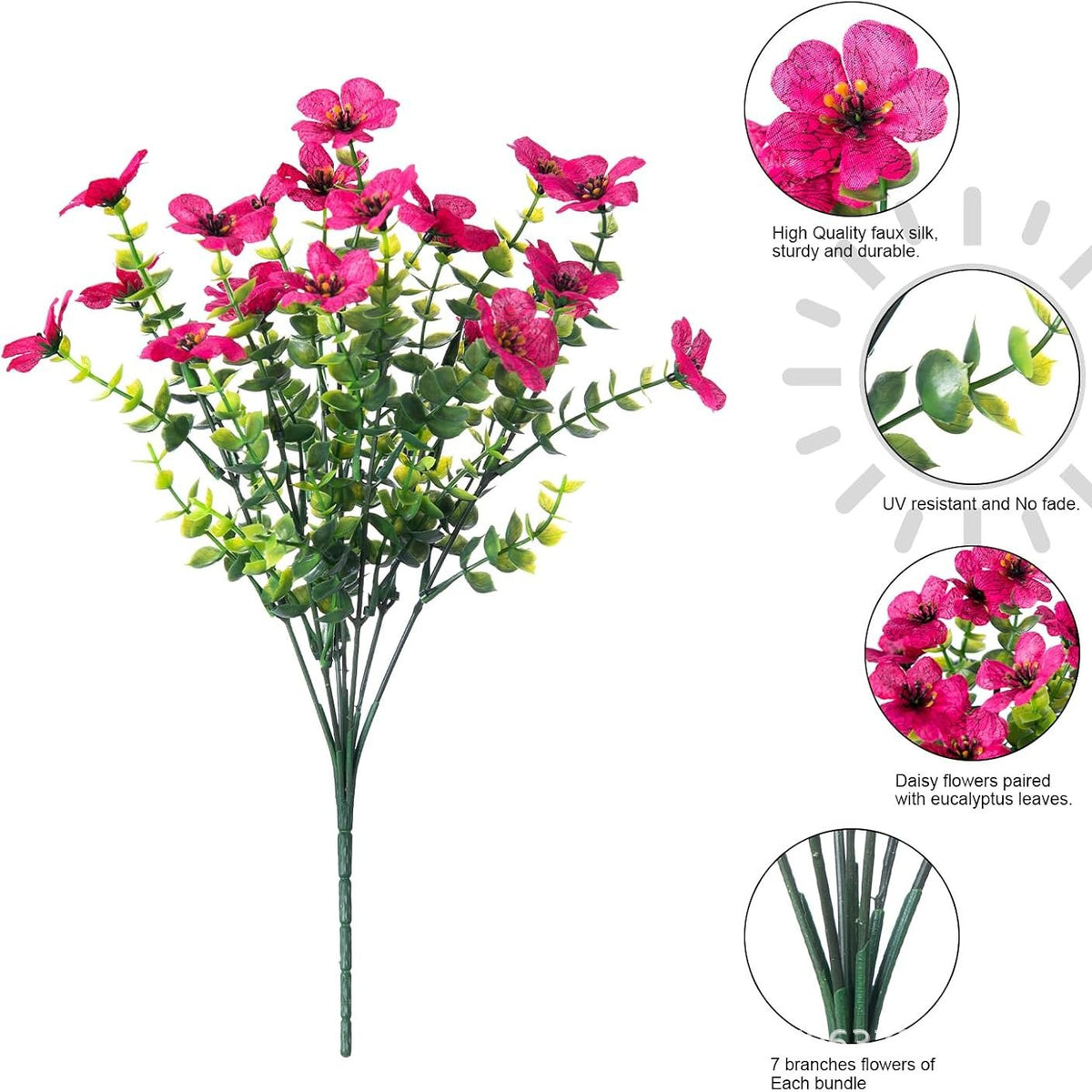 Kunstblumen Veilchen-Bündel mit Eukalyptus, 7 Zweige, 21 Blüten, Stoff, 35 cm, für Hochzeit, Schaufenster und Zuhause
