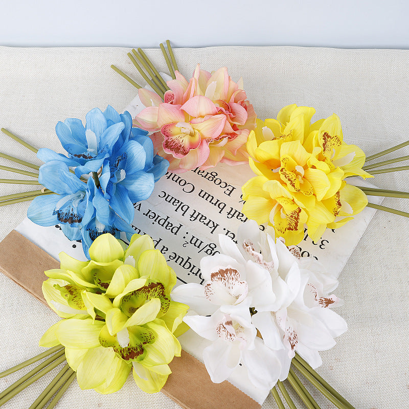 Künstliche Cymbidium-Orchidee, Bouquet mit 6 Blütenköpfen, Latex mit Echtheits-Haptik, für Hochzeit, Hotel und Wohnraum