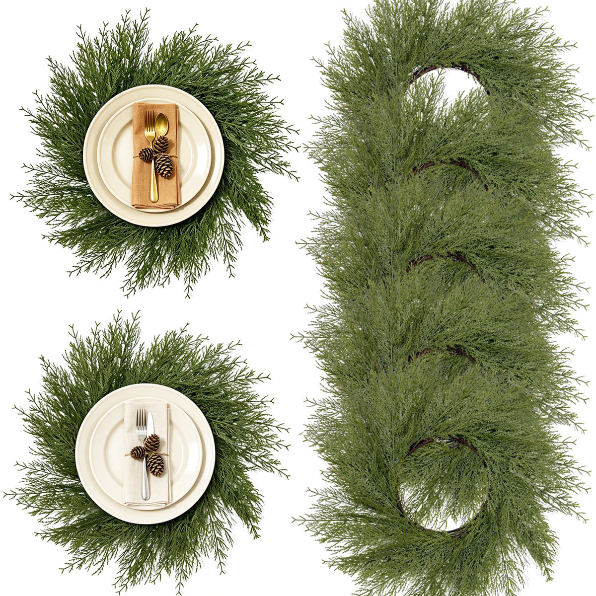 Tannenzweig-Kranz Tischset, 2er Set, künstliche Kiefern- und Zypressenzweige aus Kunststoff, Weihnachtsdeko für Tisch