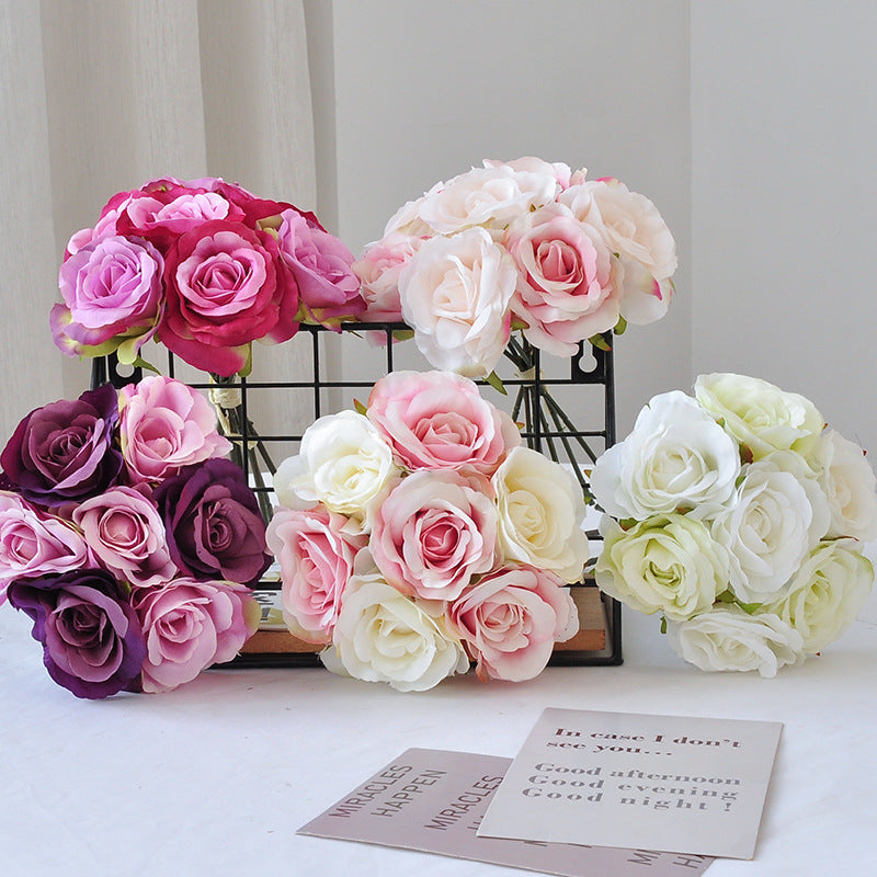 Rosenstrauß Kunstblumen, 7 Rosenblüten, Stoffblumen aus Polyester-Seidenstoff, Brautstrauß, Hochzeit & Deko