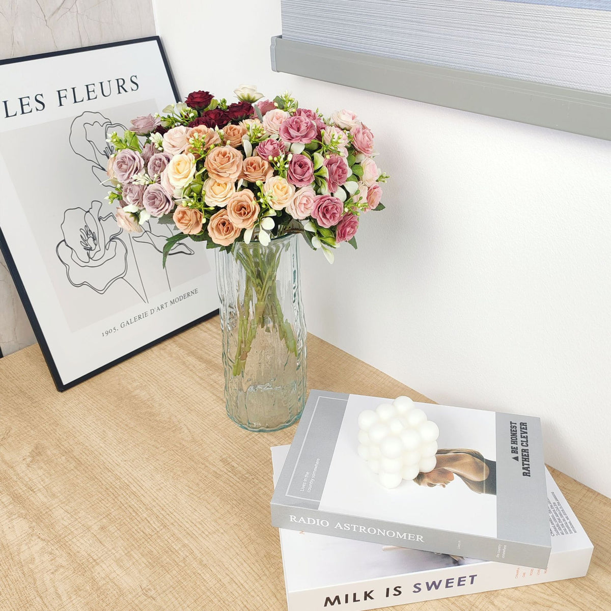 Künstliche Rose, Strauß mit 15 Blüten, 30 cm hoch, Seidenstoff, für Hochzeiten und Innendekoration