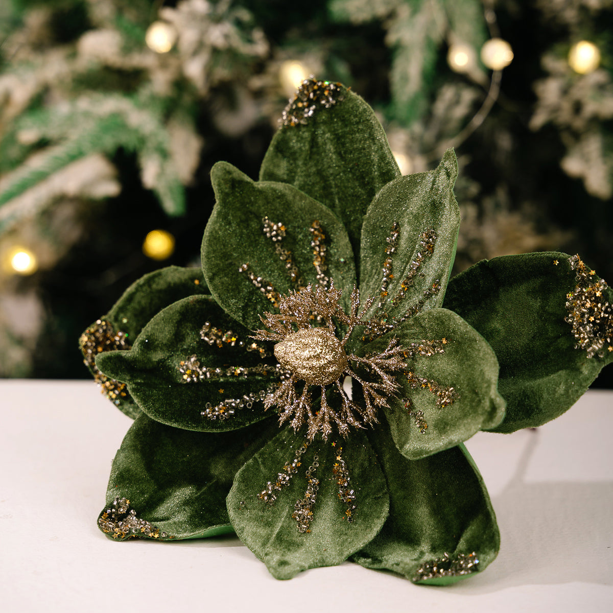 Künstliche Magnolie Weihnachtsblume, Einzelstiel mit 1 Blüte aus Samtstoff, Goldglitzer, für Weihnachtsbaum, Hochzeit & Festdeko