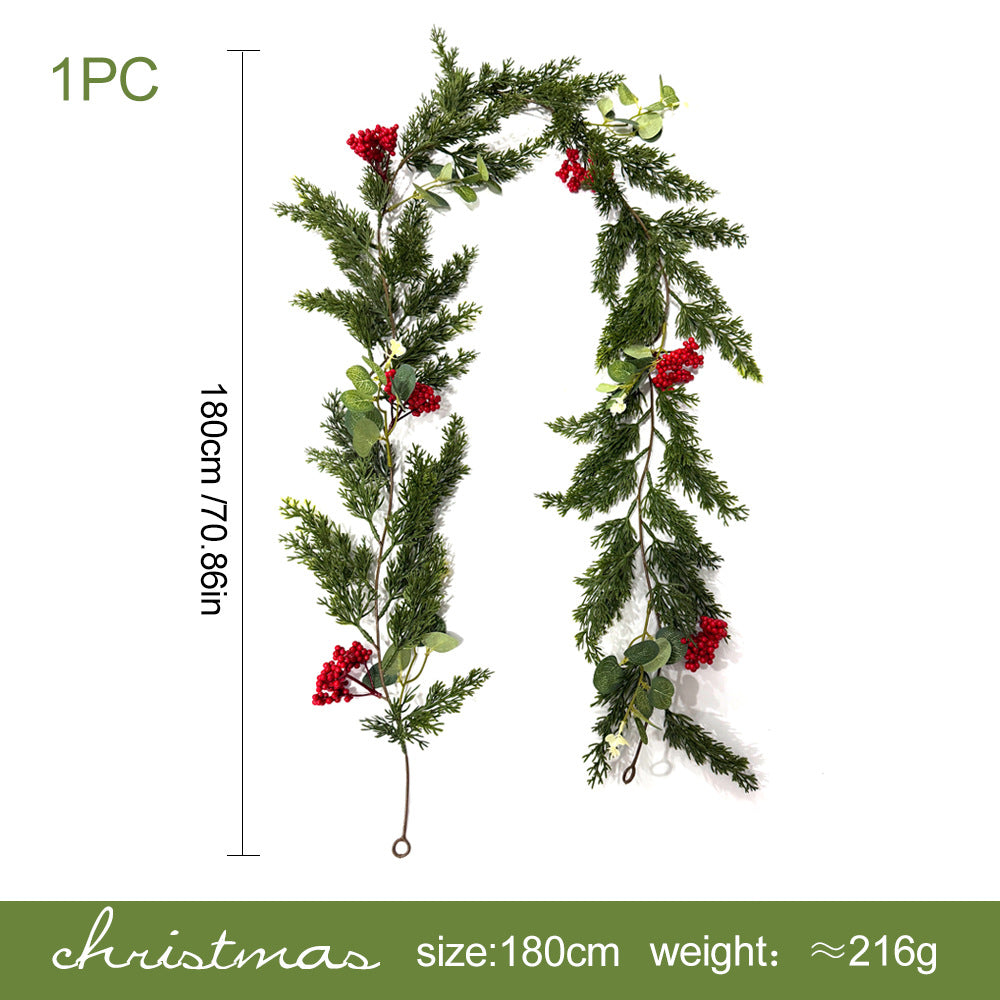 Künstliche Kiefernranke mit roten Beeren und Münzblättern, Kunststoff-Girlande 180 cm, für Weihnachten, Hotel und Schaufenster
