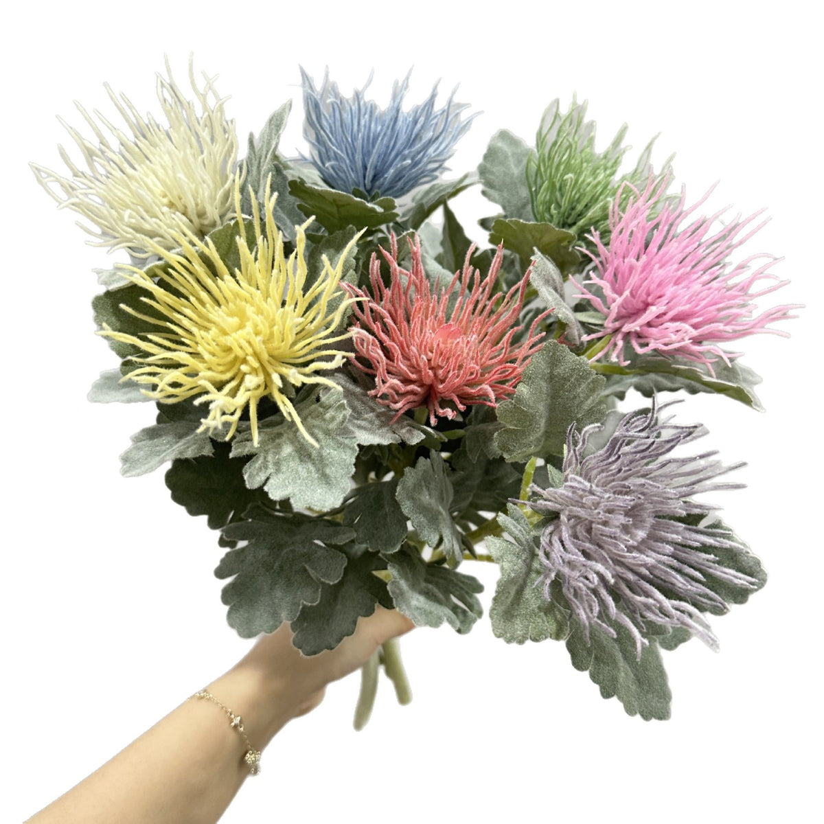 Künstliche Eryngium-Blume, 38 cm hohe Einzelstängel-Deko, Seidenstoff-Blüte für Hochzeiten, Büro und Zuhause