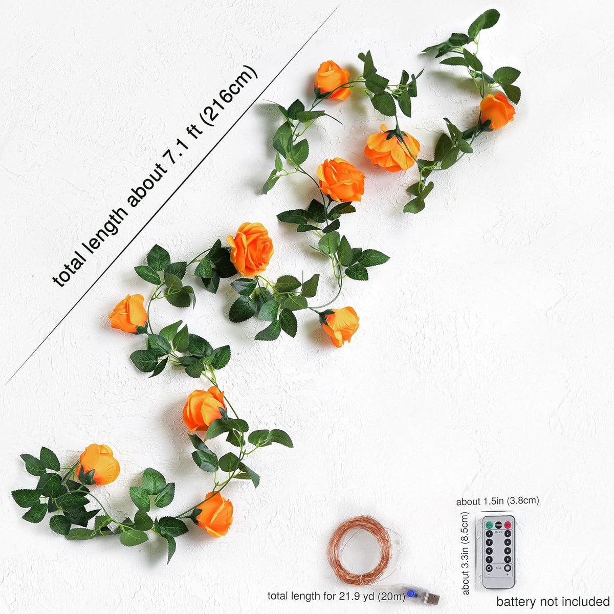 Rosengirlande Orange, 2 Stück, Kunstblumen-Ranke aus Stoff, 200 cm lang, mit Lichterkette, Halloween & Herbstdeko