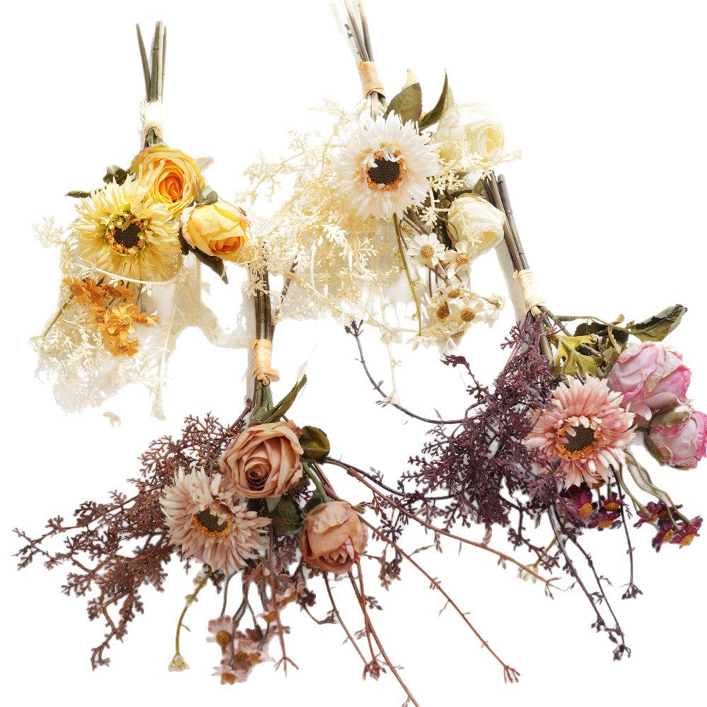 32 cm künstliches Blumenbouquet aus Rosen, Gänseblümchen und Hortensien, Vintage-Stil, für Zuhause, ohne Vase