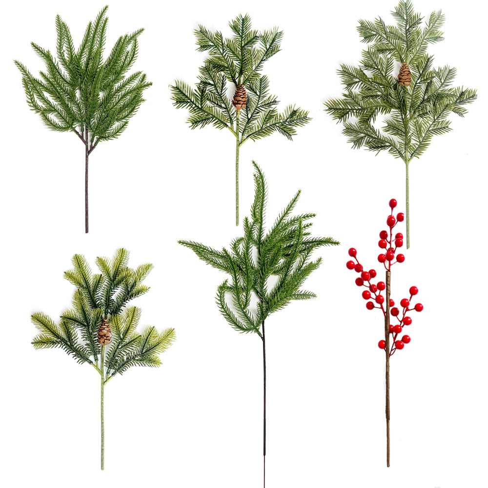 Künstliche Roten Beeren, Kiefernnadeln und Zypressenzweige, Einzelzweig mit Kunststoff, biegbar, für Weihnachtsdeko, Floristik und Schaufenster
