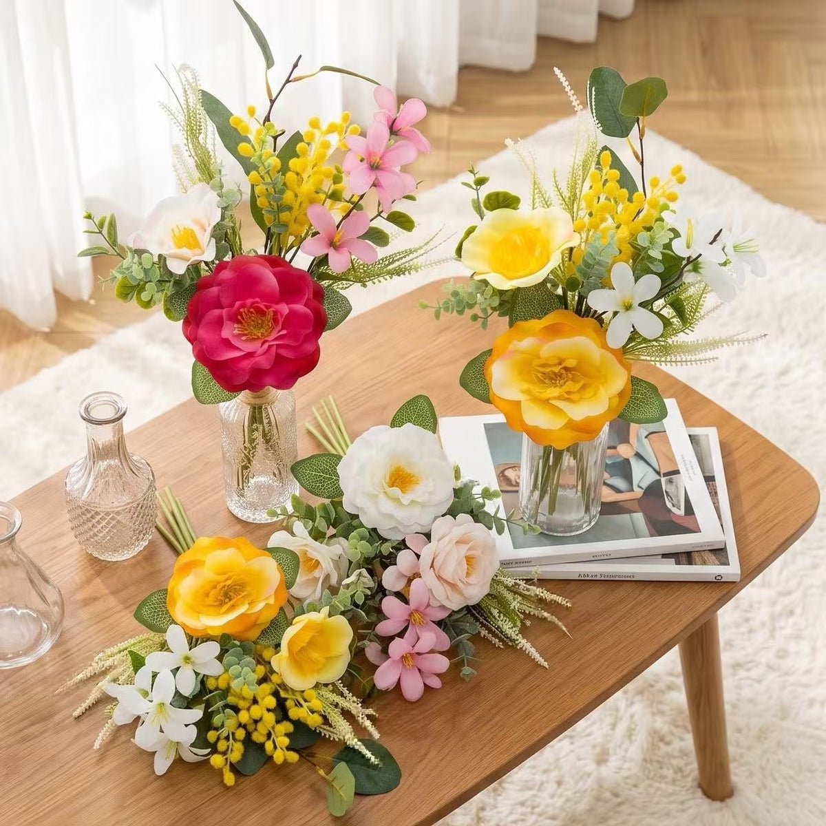 45 cm künstlicher Kamelien-Blumenstrauß aus Seide – 6 Blüten, UV-beständig, für Hochzeit, Dekoration, Innenraum, Bürotisch, Café, Hotel