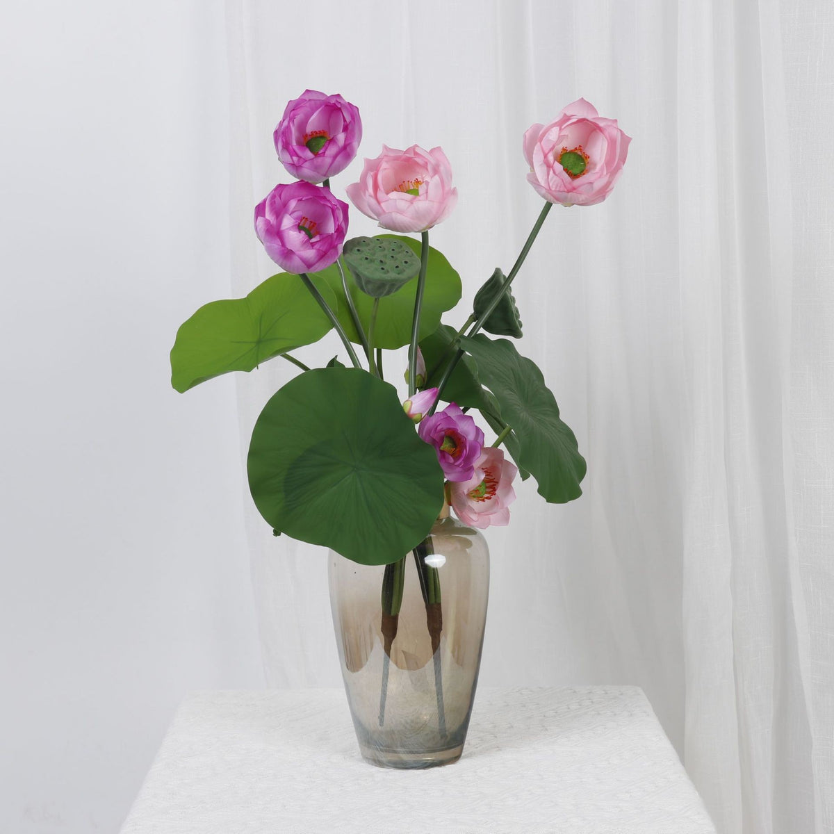 Künstliche Lotusblume mit Blättern und Samenkapsel, Bund mit 3 Blüten, PU, für Hochzeit, Hotel und Schaufenster