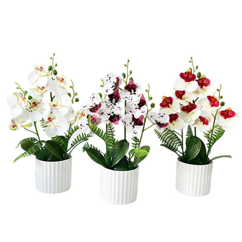 Künstlicher Orchideenstrauß mit 9 Blüten, 31,5 cm hoch inklusive Pflanzgefäß, für Hochzeiten, Innenräume und Dekoration