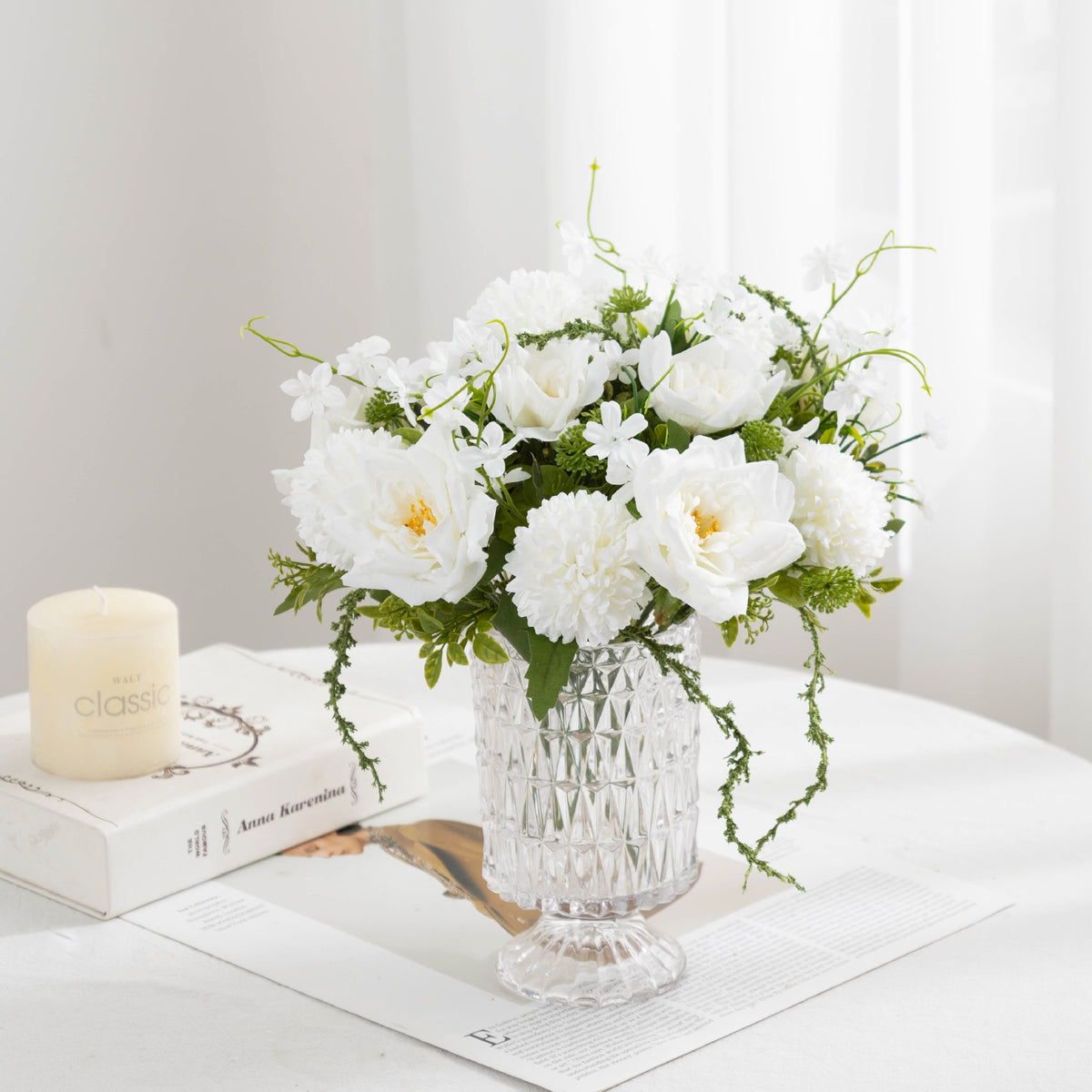 28 cm künstliche Rosenstrauß mit Chrysanthemen und Millet, Kunststoff, 5 Blüten, für Hochzeiten und Innendekoration