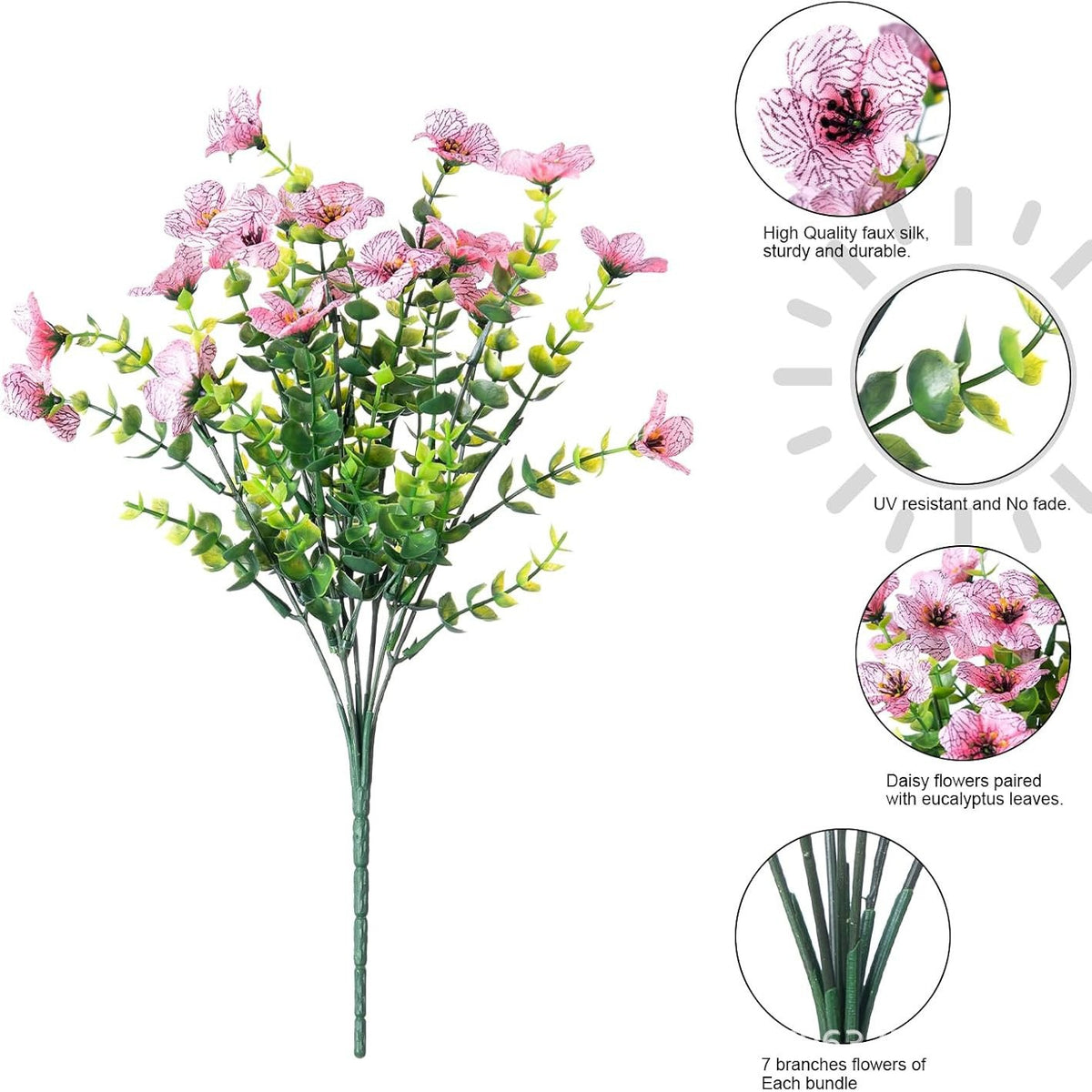 Kunstblumen Veilchen-Bündel mit Eukalyptus, 7 Zweige, 21 Blüten, Stoff, 35 cm, für Hochzeit, Schaufenster und Zuhause