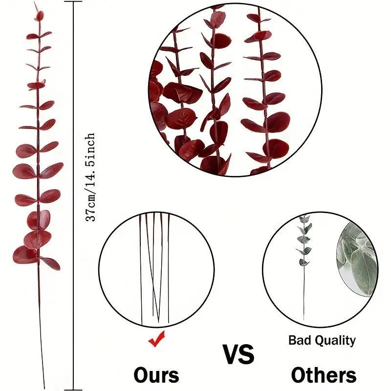 Künstlicher Eukalyptus, rot, Einzelzweig im 50er-Pack, Kunstblume für Hochzeit, Deko und Gewerbe