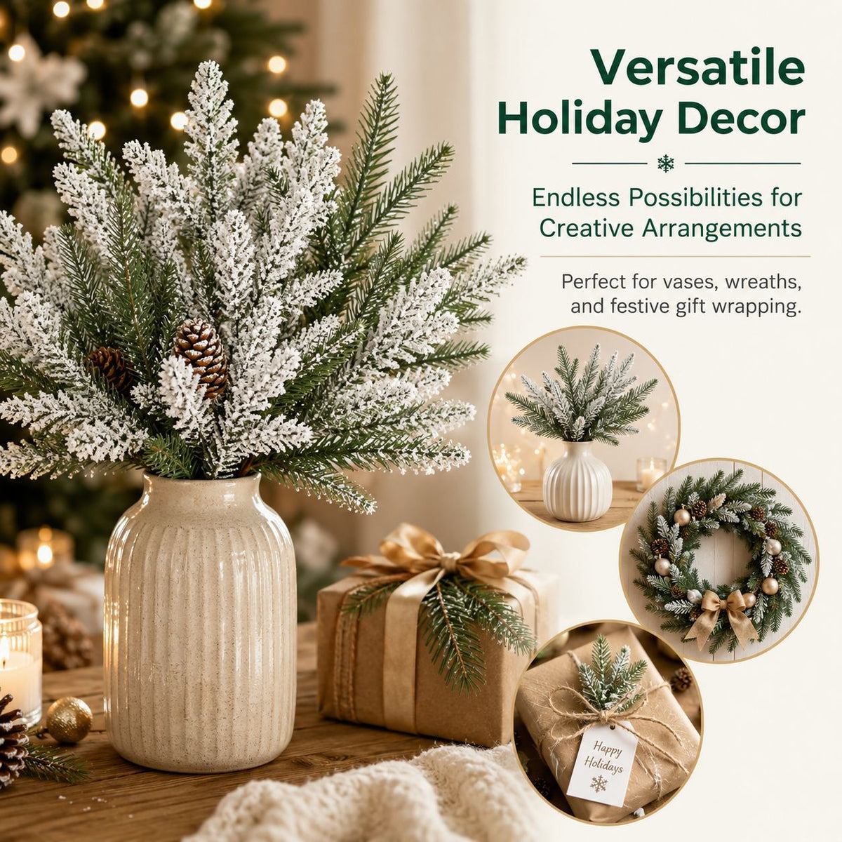 Künstlicher Tannenzweig mit Nadeln, Einzelstiel aus Kunststoff, biegbar, Weihnachtsdeko für Floristik und Schaufenster