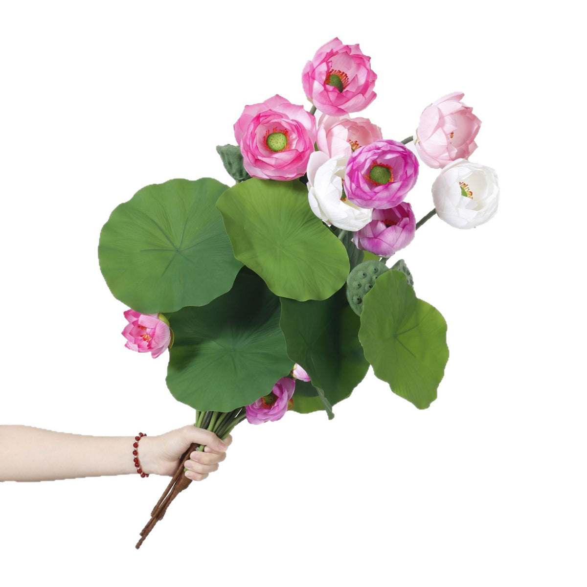Künstliche Lotusblume mit Blättern und Samenkapsel, Bund mit 3 Blüten, PU, für Hochzeit, Hotel und Schaufenster