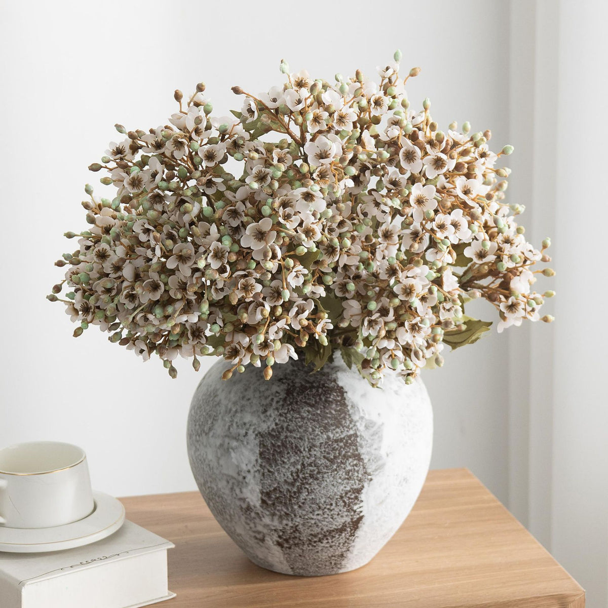 Künstliche Schneeball-Blüte (Viburnum), Kunstblume mit 3 Blütenköpfen, Kunstseide-Stoff, für Hochzeit, Hotel und Heimdeko