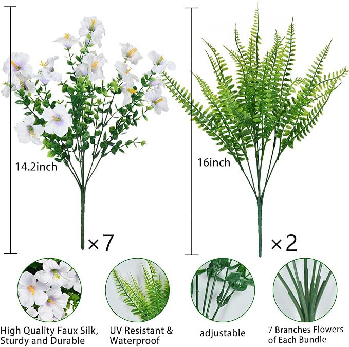 Künstliche Eukalyptus-Trompetenblumen mit Perserfarn, 9 Stück, Kunststoff, biegbare Zweige, für Hochzeit, Vase & Garten