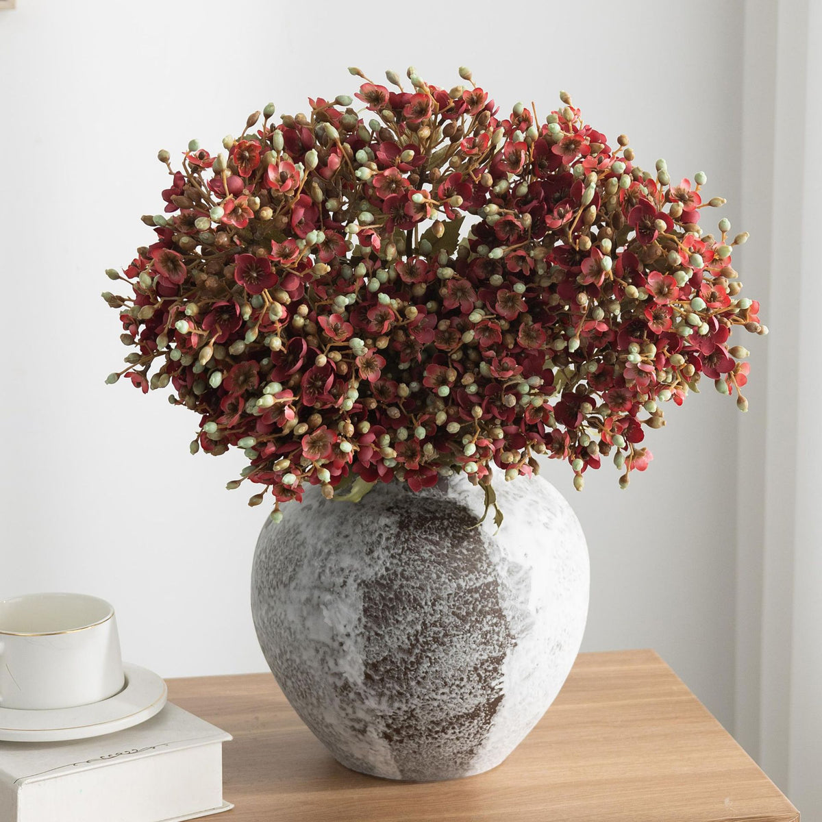 Künstliche Schneeball-Blüte (Viburnum), Kunstblume mit 3 Blütenköpfen, Kunstseide-Stoff, für Hochzeit, Hotel und Heimdeko