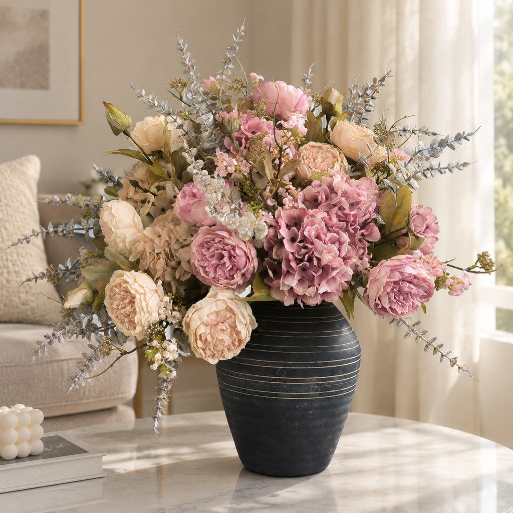 Kunstblumen Pfingstrosen-Hortensien-Bouquet, 3 Blütenköpfe, Kunstseide, Herbstfarben, für Wohnung, Büro und Schaufenster