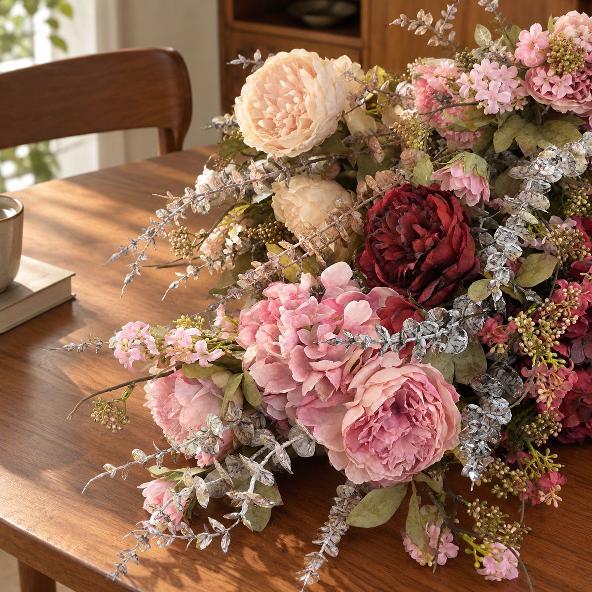 Kunstblumen Pfingstrosen-Hortensien-Bouquet, 3 Blütenköpfe, Kunstseide, Herbstfarben, für Wohnung, Büro und Schaufenster