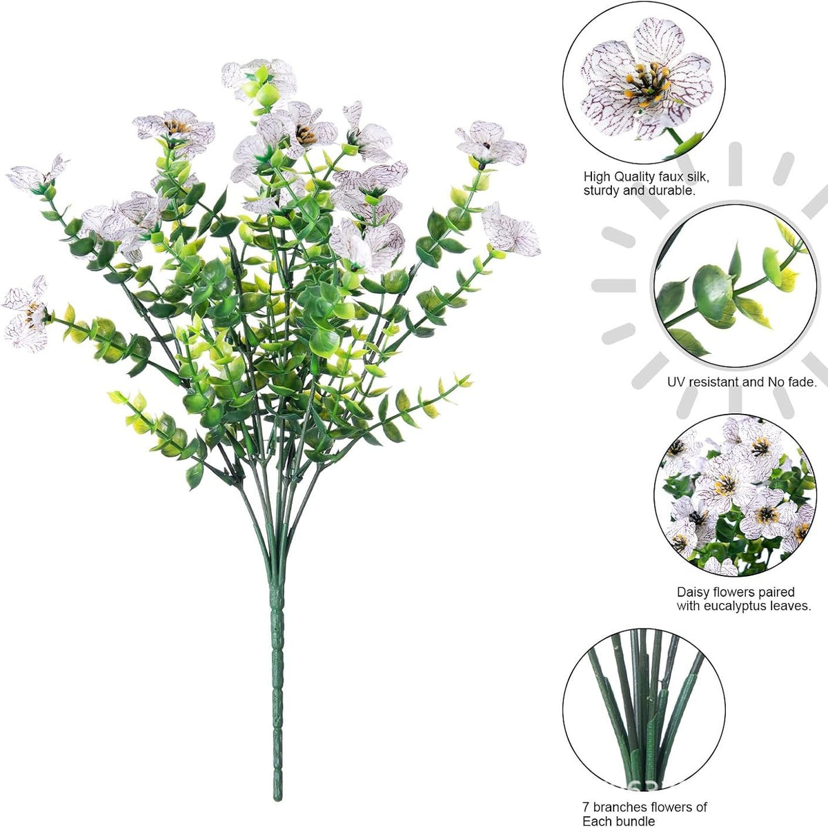 Kunstblumen Veilchen-Bündel mit Eukalyptus, 7 Zweige, 21 Blüten, Stoff, 35 cm, für Hochzeit, Schaufenster und Zuhause