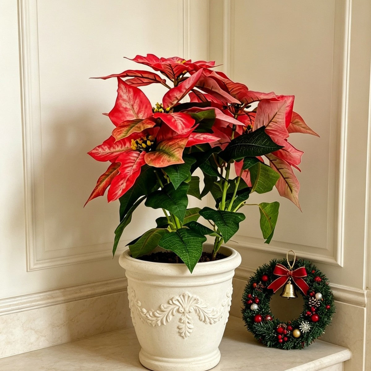 Künstlicher Weihnachtsstern, 5 Blüten, 52 cm, aus Seidenstoff, für Weihnachtsdekoration, Hochzeiten und Büros