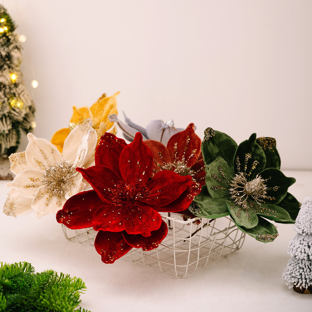 Künstliche Magnolie Weihnachtsblume, Einzelstiel mit 1 Blüte aus Samtstoff, Goldglitzer, für Weihnachtsbaum, Hochzeit & Festdeko