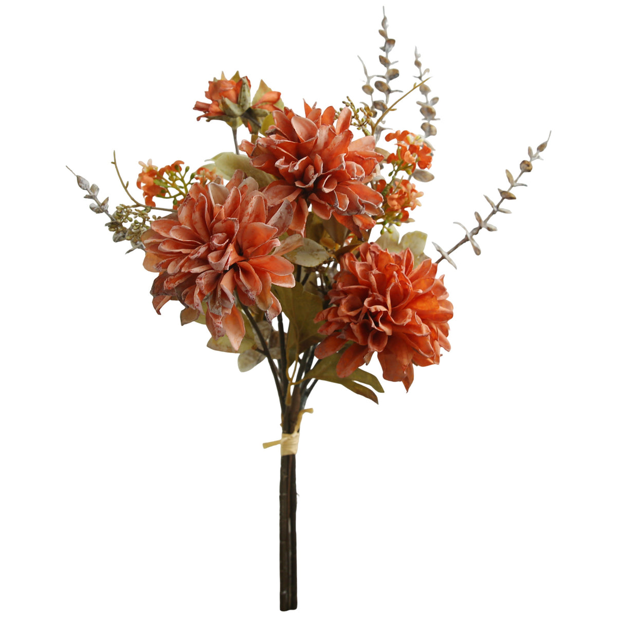 Künstliche Dahlien-Bouquet mit 3 Blütenköpfen, Kunstseide, Herbstfarben mit dunklen Blütenrändern, für Hochzeit und Deko