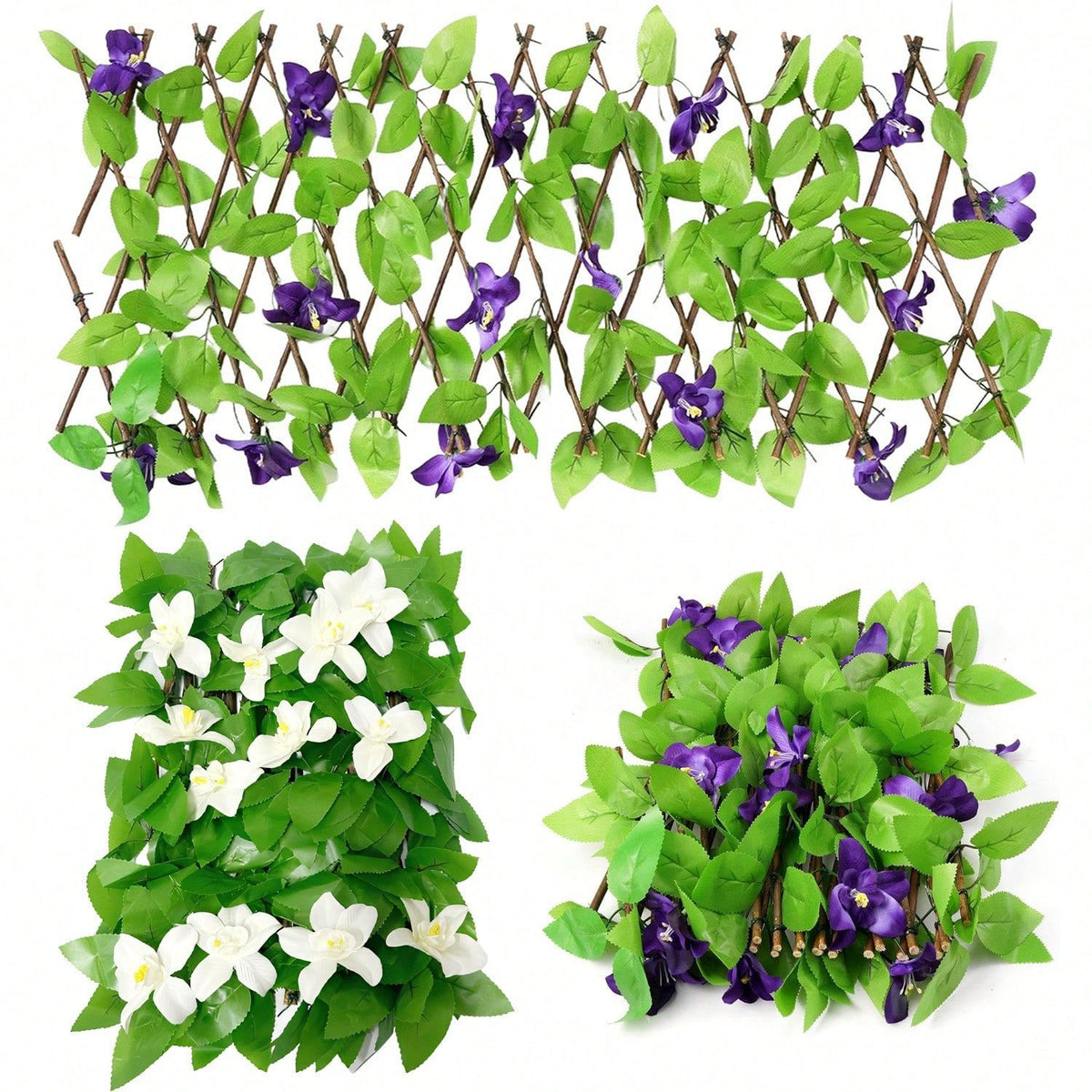 Künstliche Veilchen-Hecke, ausziehbarer Zaun aus Kunstblumen, 1 Stück, Stoff, für Garten, Balkon, Hochzeit und Gastronomie