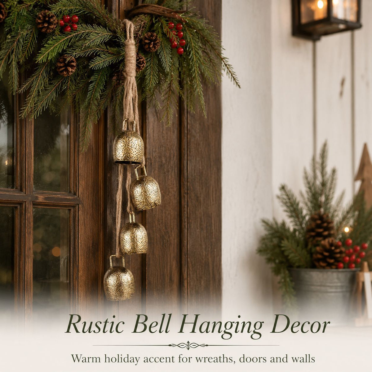 Weihnachtsglocken Anhänger, 4 Metallglöckchen am Juteband, Gold, Gesamtlänge 39 cm, Weihnachtsdeko im Vintage-Stil