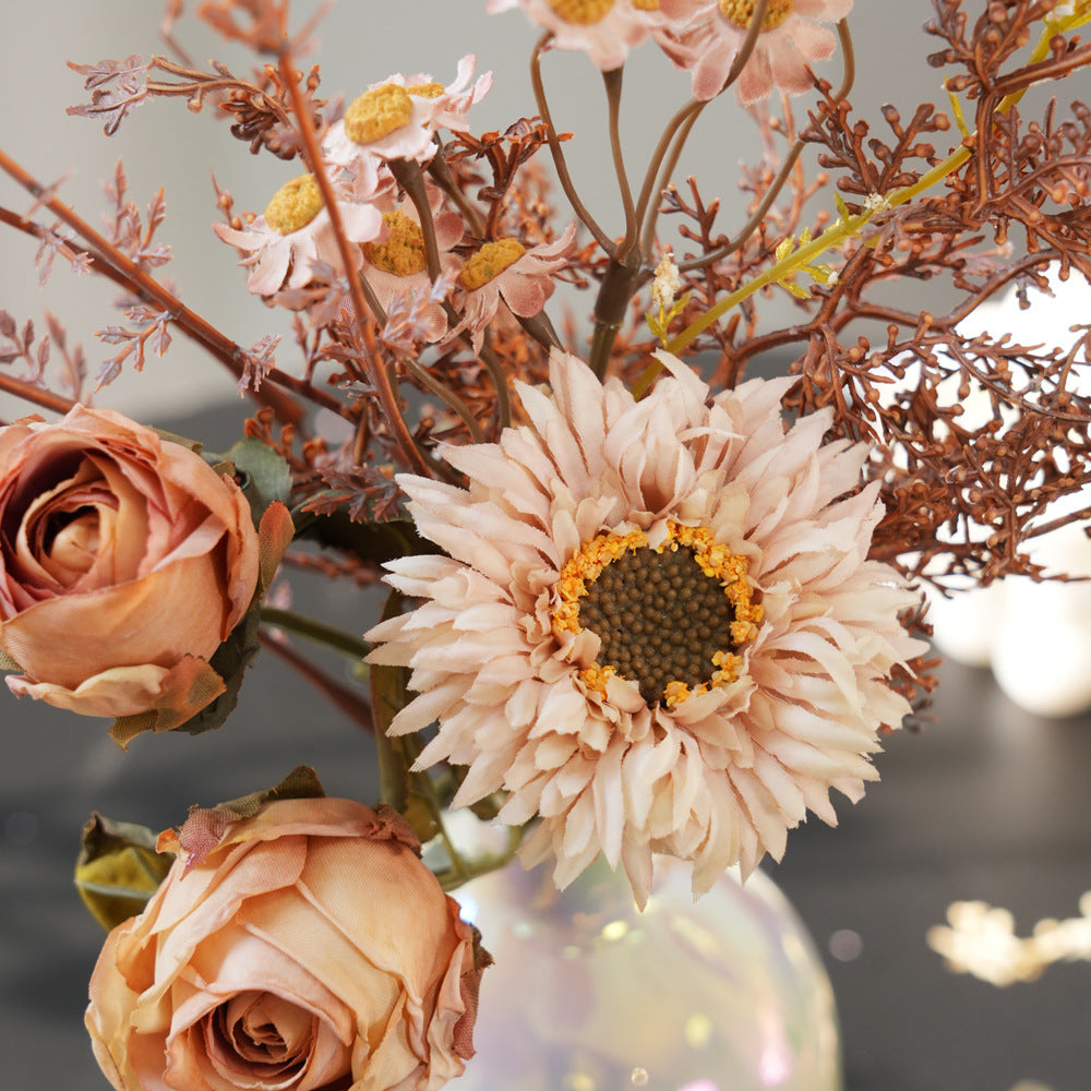 32 cm künstliches Blumenbouquet aus Rosen, Gänseblümchen und Hortensien, Vintage-Stil, für Zuhause, ohne Vase