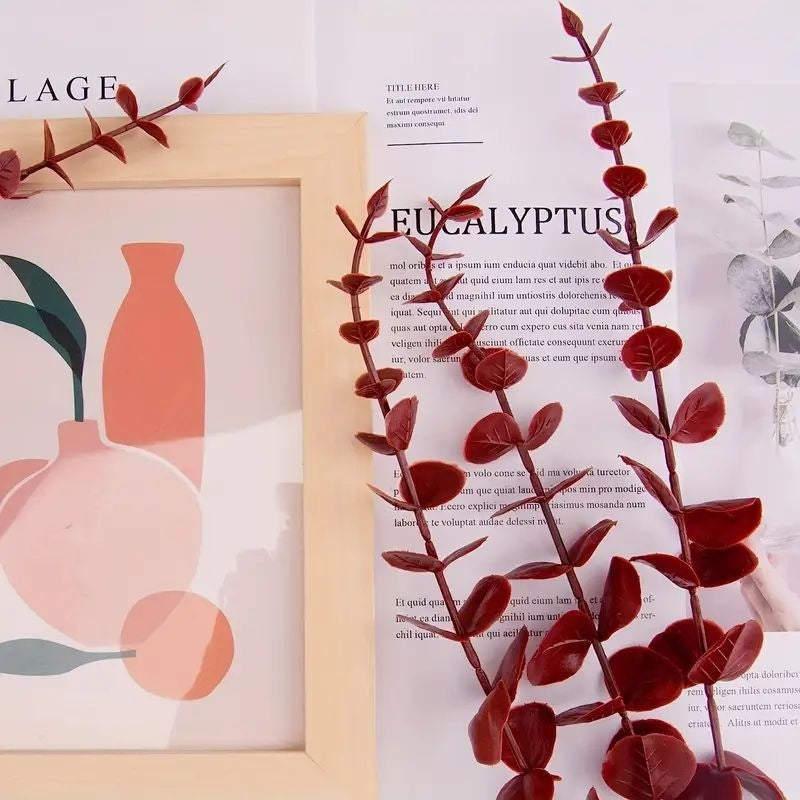Künstlicher Eukalyptus, rot, Einzelzweig im 50er-Pack, Kunstblume für Hochzeit, Deko und Gewerbe