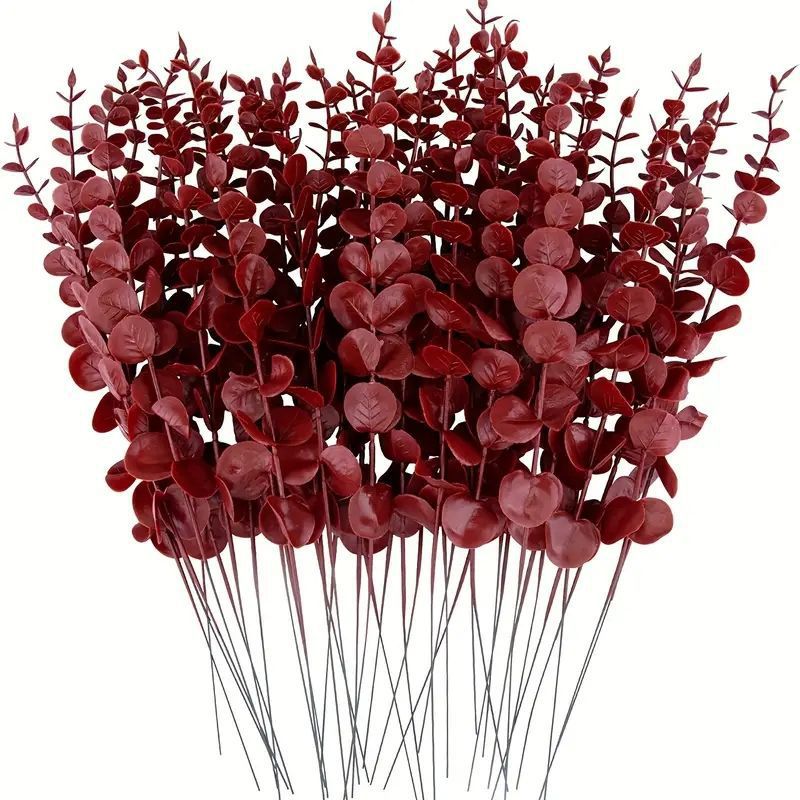 Künstlicher Eukalyptus, rot, Einzelzweig im 50er-Pack, Kunstblume für Hochzeit, Deko und Gewerbe