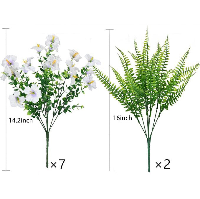 Künstliche Eukalyptus-Trompetenblumen mit Perserfarn, 9 Stück, Kunststoff, biegbare Zweige, für Hochzeit, Vase & Garten