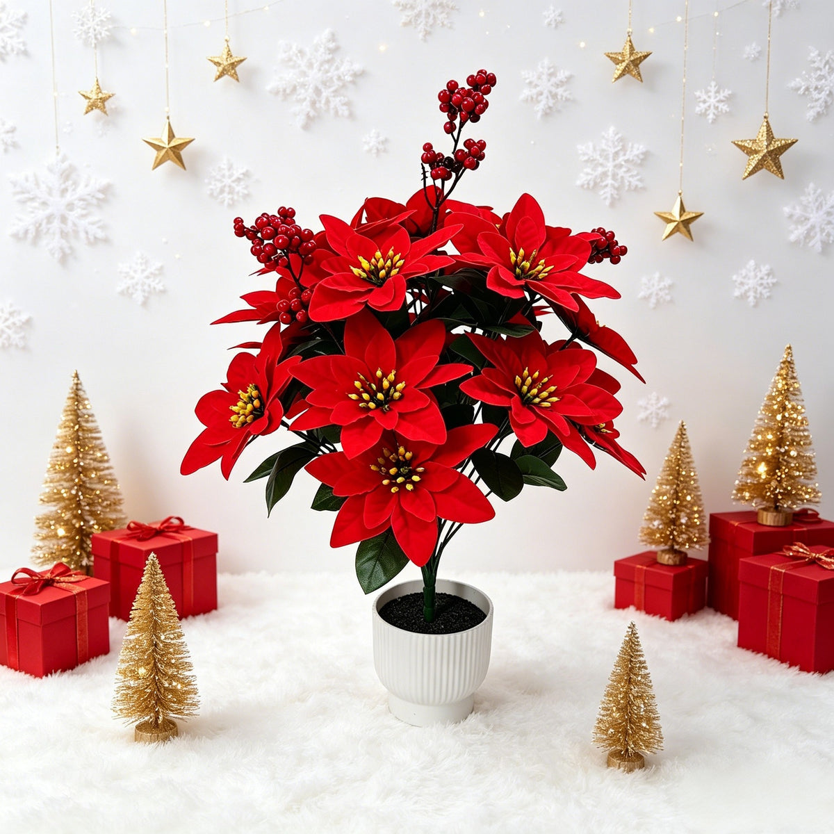 53 cm künstlicher Weihnachtsstern (Poinsettie) aus Samtstoff, Buschform, für festliche Dekoration, Hotel, Büro und Zuhause