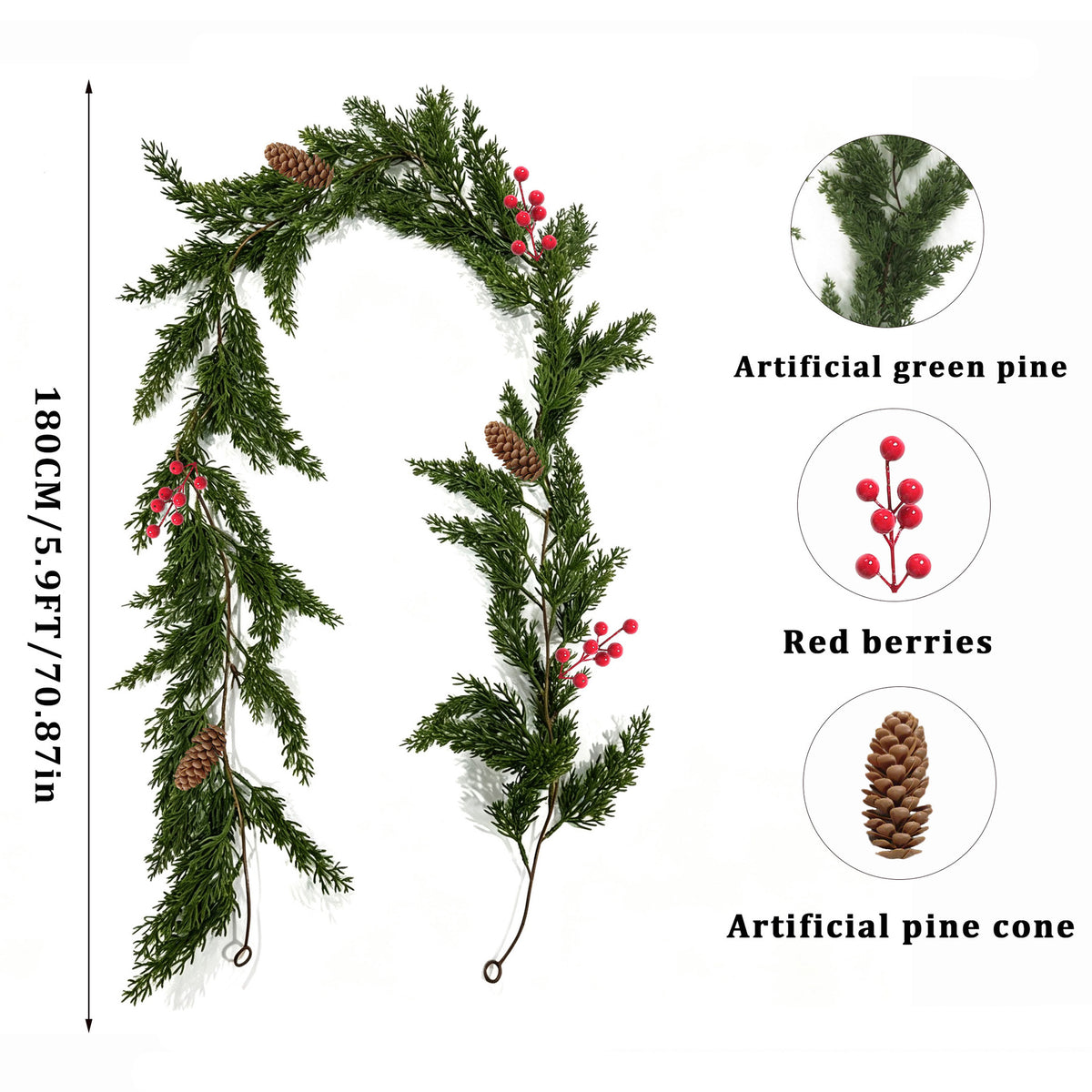 Künstliche Kiefernranke mit roten Beeren und Münzblättern, Kunststoff-Girlande 180 cm, für Weihnachten, Hotel und Schaufenster