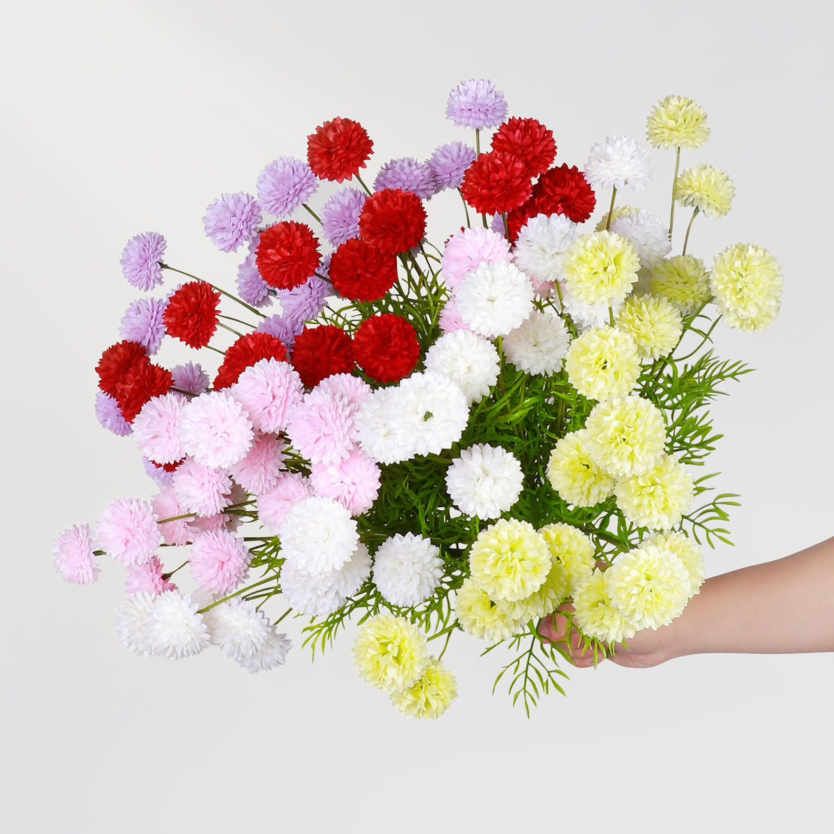 Kunstblumen Chrysantheme Bällchen-Busch mit 21 Blütenköpfen, Kunstseide-Stoff, 50 cm, für Hochzeit, Hotel & Dekoration