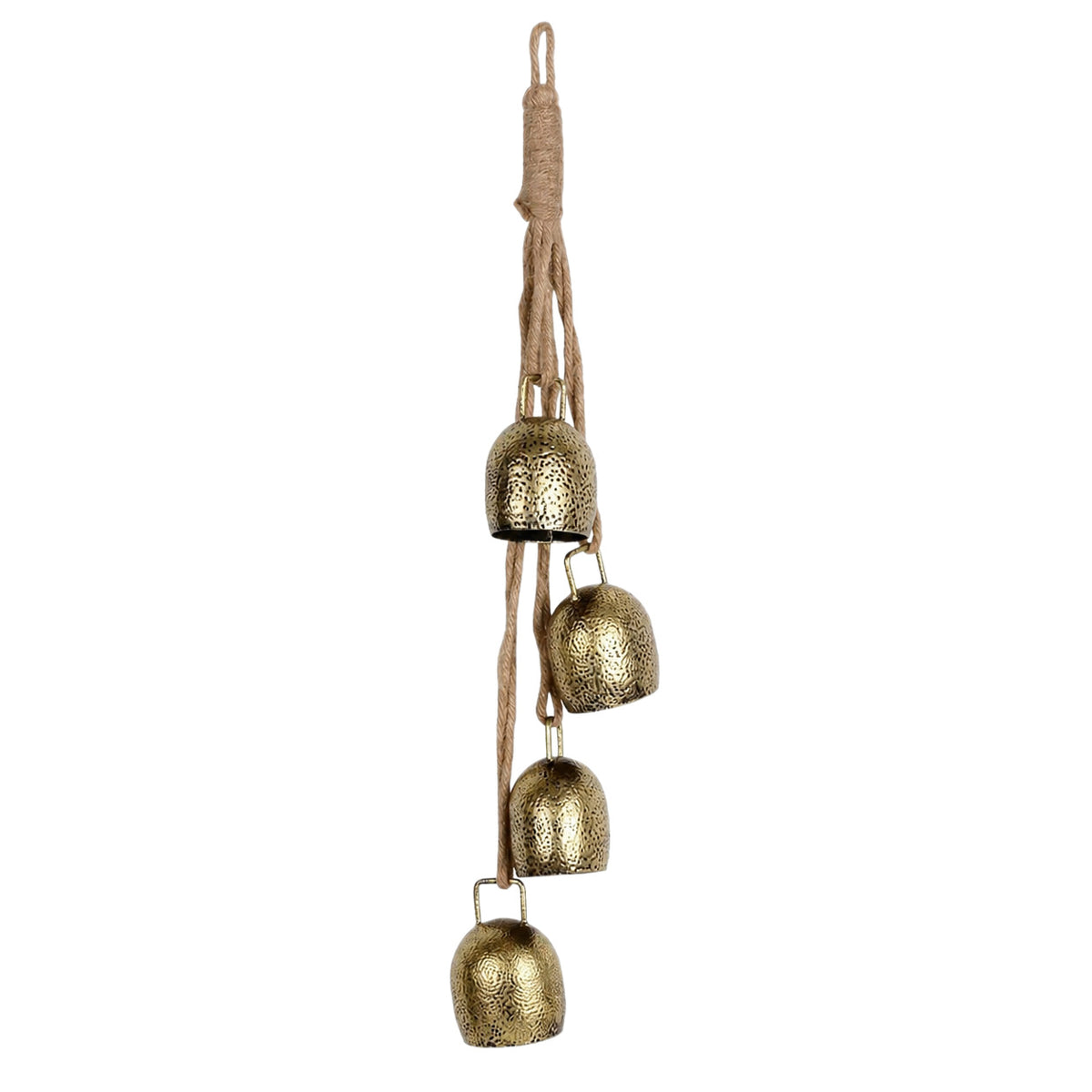 Weihnachtsglocken Anhänger, 4 Metallglöckchen am Juteband, Gold, Gesamtlänge 39 cm, Weihnachtsdeko im Vintage-Stil