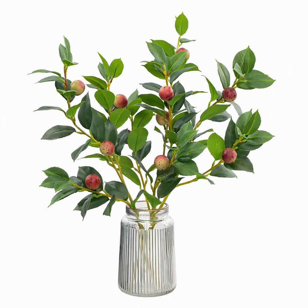 Künstlicher Kamelienzweig mit Zierfrüchten, Kunststoff (PE/PVC), Bush mit biegbaren Ästen, für Hochzeit, Schaufenster & Wohnraum