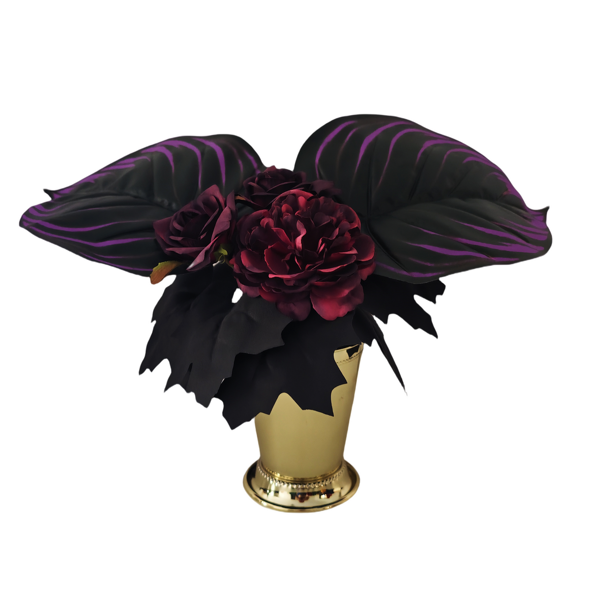 Großpackung 20 cm Fertig-Halloween-Kunstblumenarrangement – Schwarze, Lila & Burgunderrote Blüten & Blätter in edler Goldvase