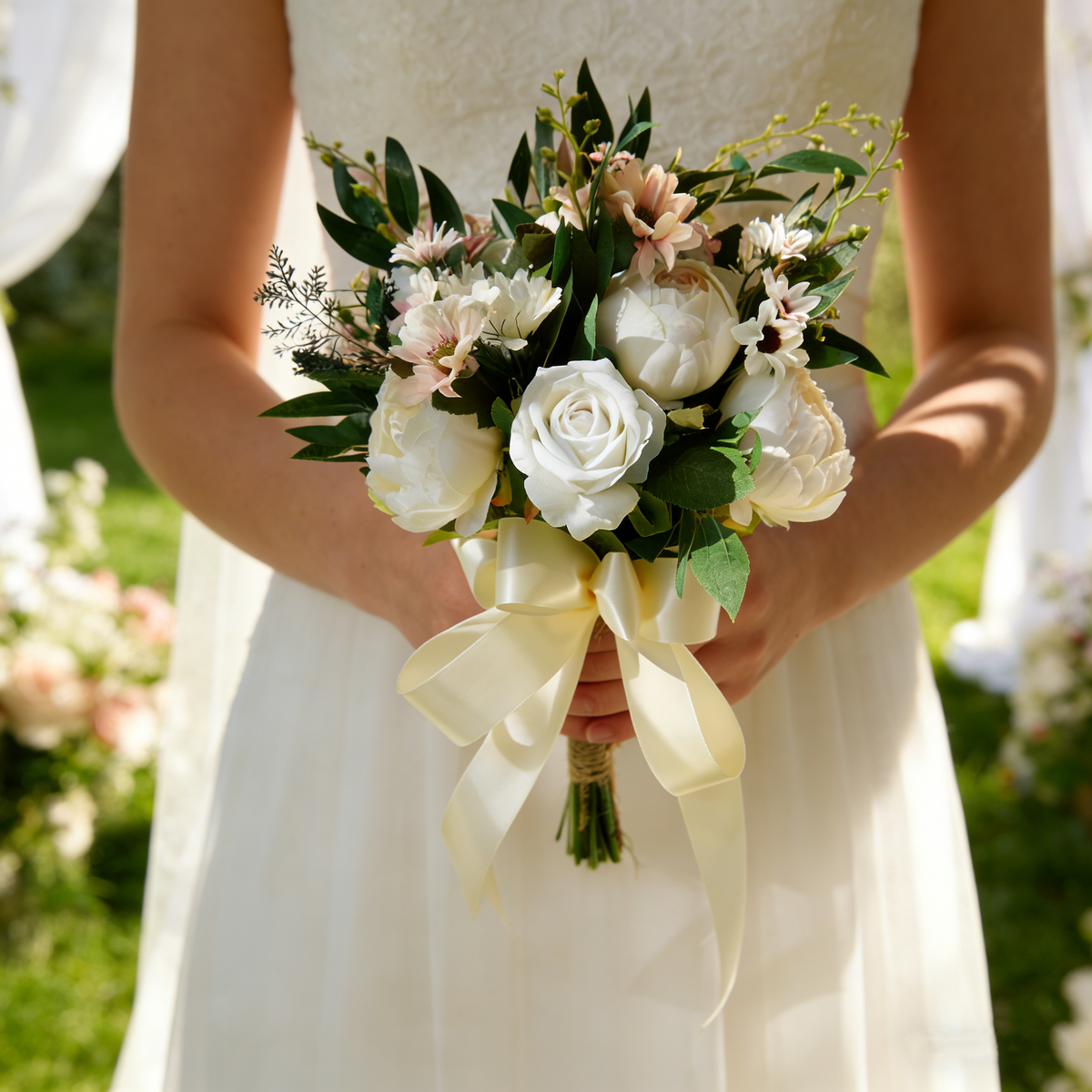 Romantischer Natur-Brautstrauß mit weißen Rosen und Pfingstrosen - Kunstblumen