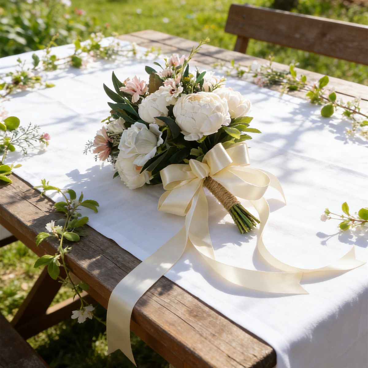 Romantischer Natur-Brautstrauß mit weißen Rosen und Pfingstrosen - Kunstblumen